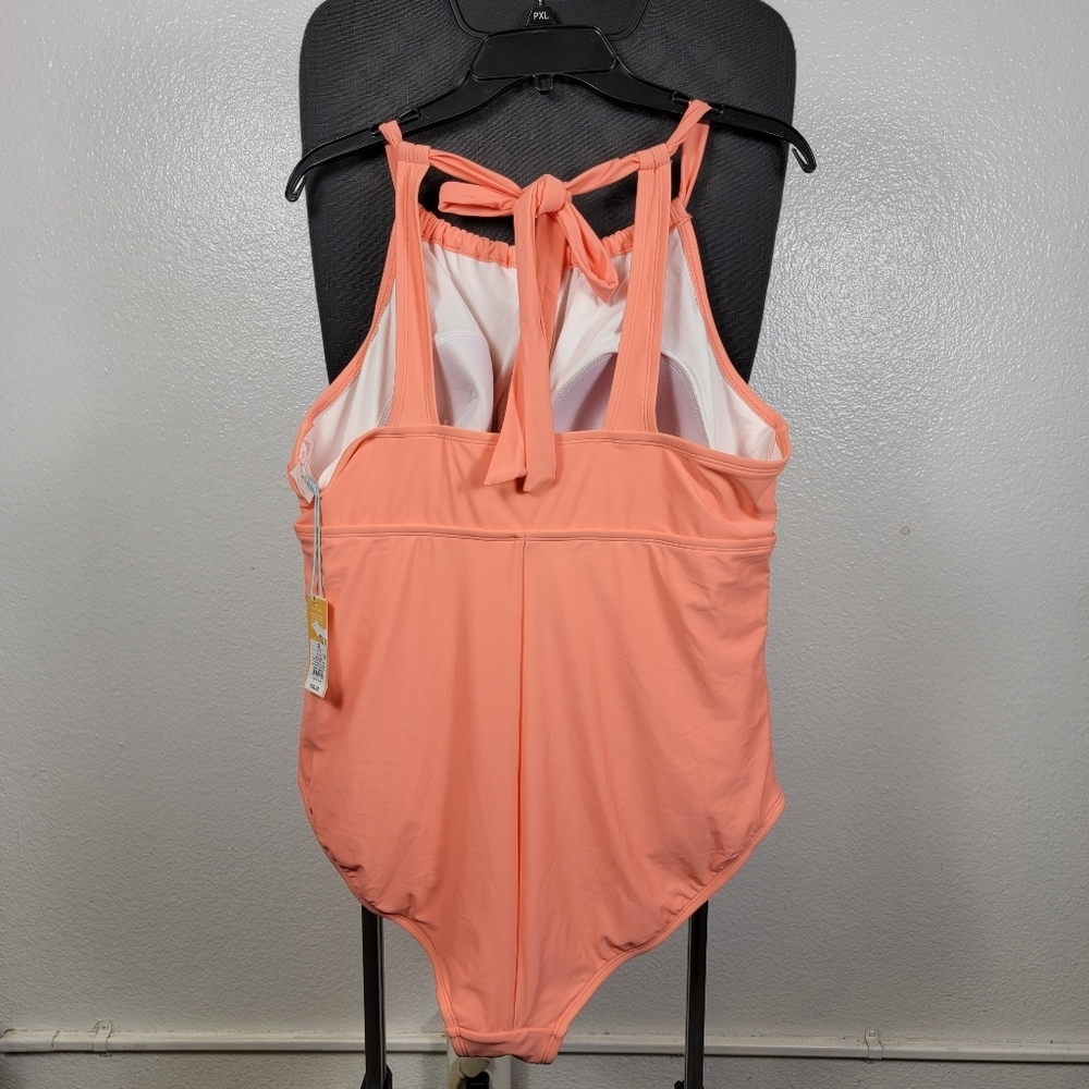Kona Sol Coral Halter Retro Style Plus Size 20 Ruched One Piece Bathing Suit - Picture 2 of 6